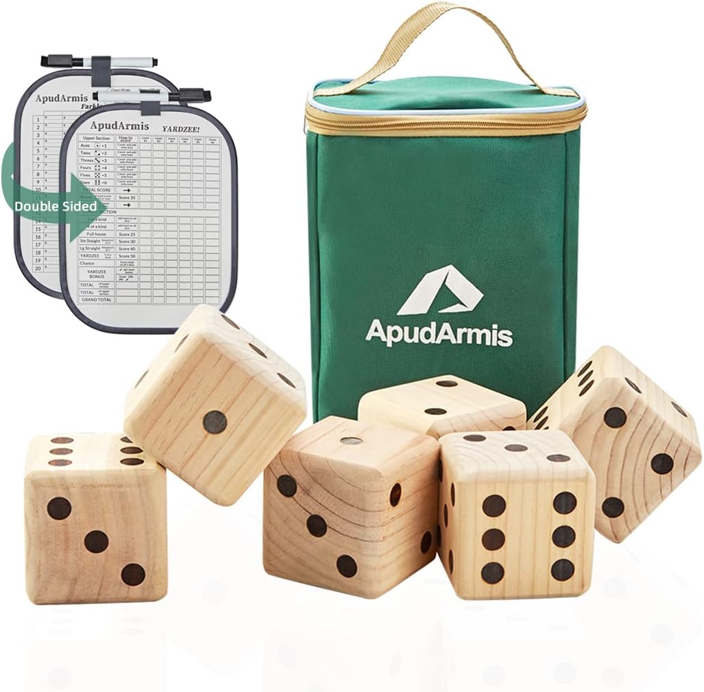 Six natural pine 3.5-inch yard dice with black pips in front of a green zip carry bag, plus two double-sided dry-erase score boards with markers