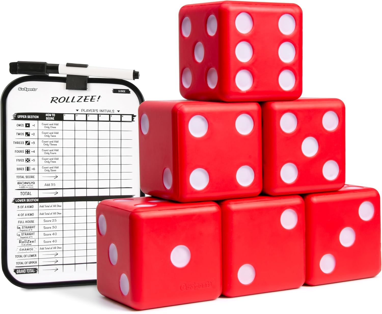 Six bright red 3.5-inch foam dice with white pips stacked in a pyramid beside a Rollzee dry-erase scoreboard and marker