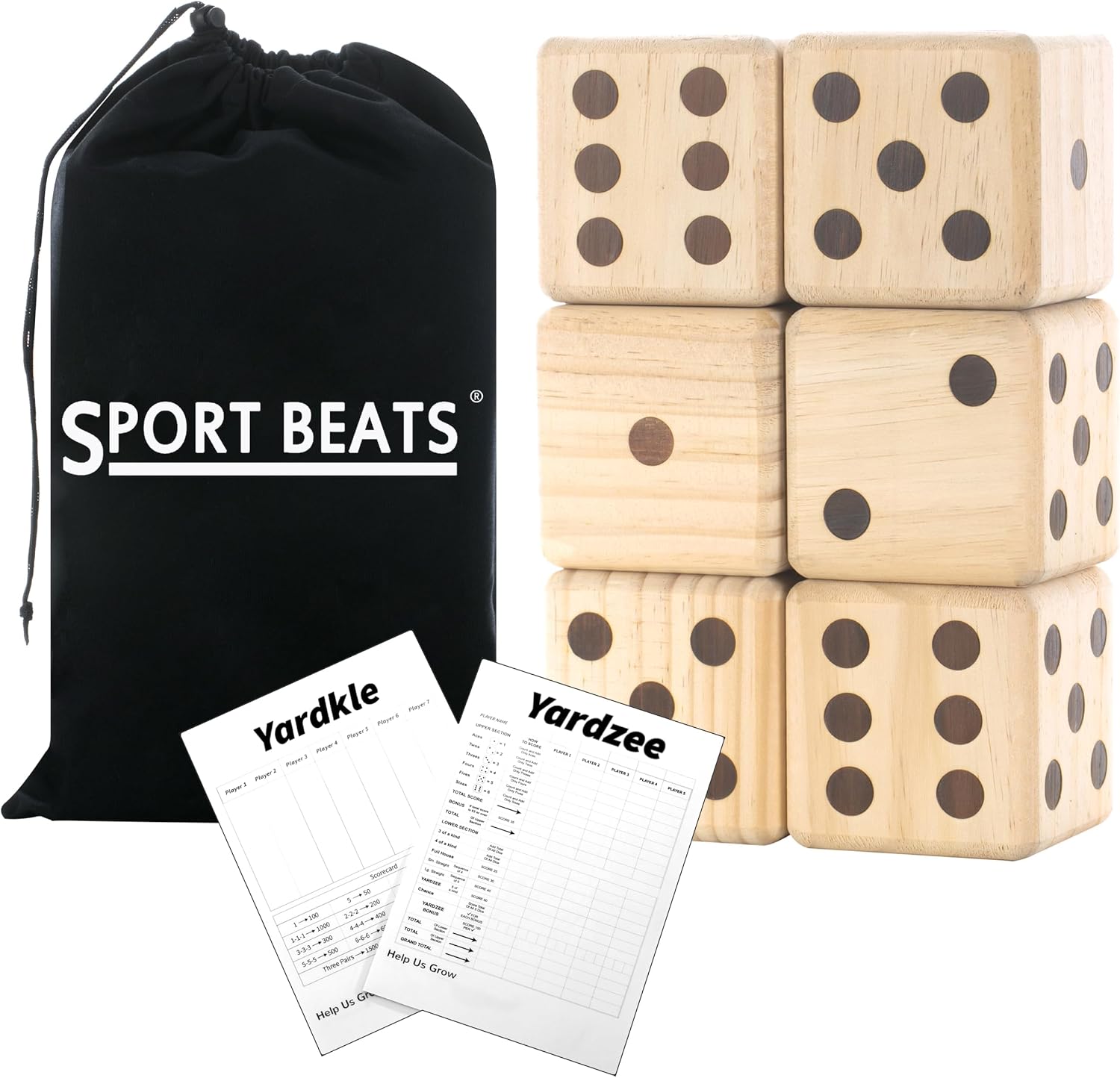 Six light wooden yard dice stacked in two columns beside a black drawstring bag, with Yardzee and Yardkle score sheets in front