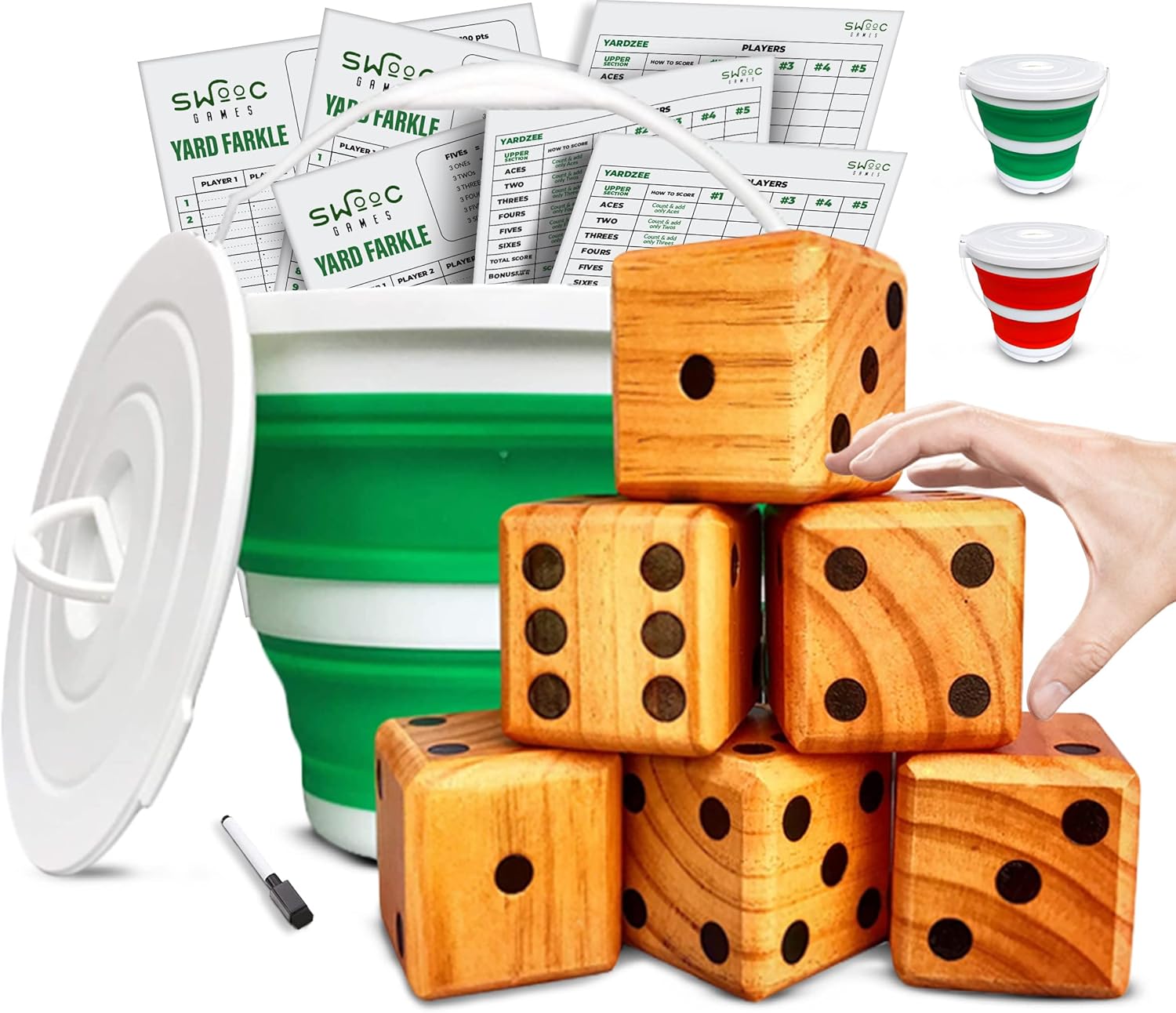 Six 2.5-inch wooden yard dice next to a collapsible green and white bucket with a lid, a stack of Yardzee and Yard Farkle score cards and a marker