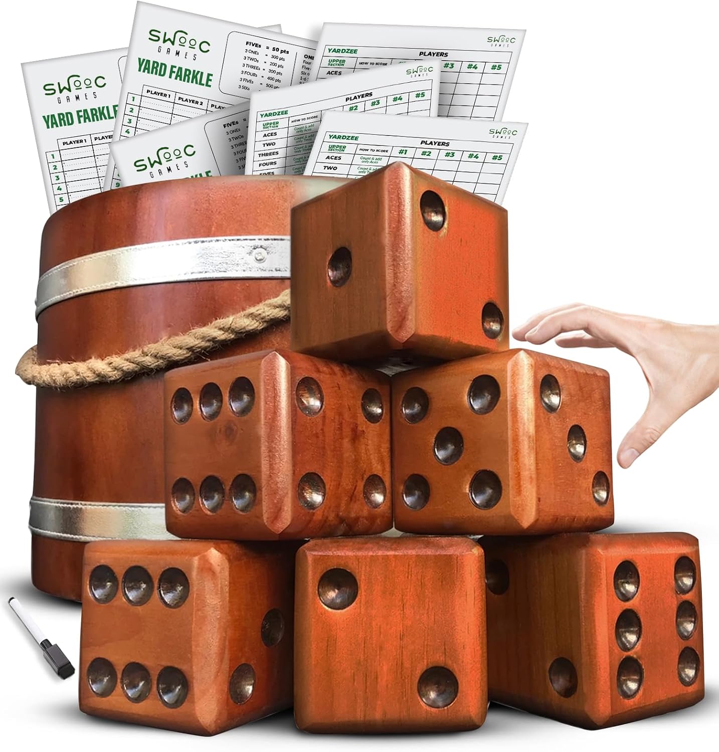 Six 3.5-inch stained wooden yard dice stacked in front of a wooden bucket with a rope handle, Yardzee and Yard Farkle score cards and a dry-erase marker